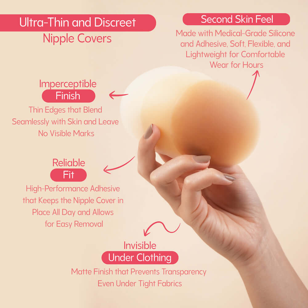 UVA Circular Nipple Covers Cocoa in hand, showcasing ultra-thin, discreet design for seamless wear under clothing.