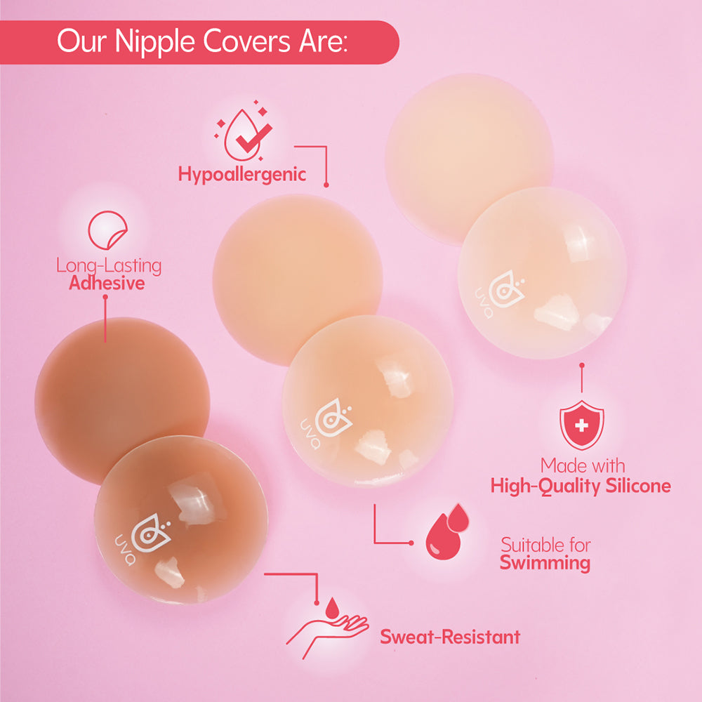 UVA Circular Nipple Covers Cocoa featuring hypoallergenic design and long-lasting adhesive on a pink background.