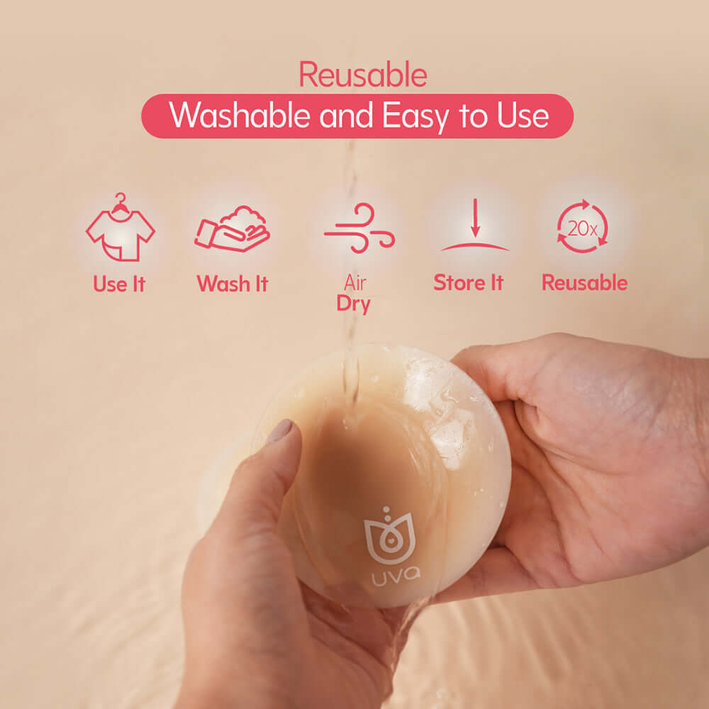 UVA Circular Nipple Covers Cocoa, reusable and easy to use, demonstrating washing and care instructions.