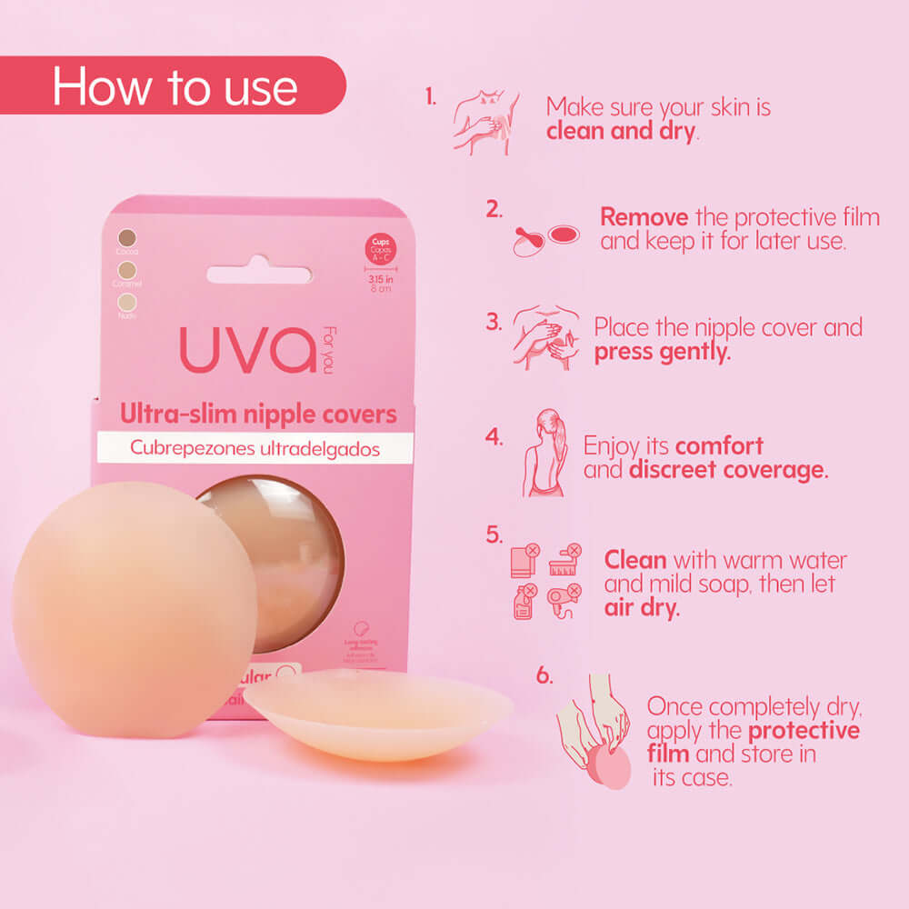 UVA Circular Nipple Covers Cocoa packaging with usage instructions and a pair of nipple covers beside it.
