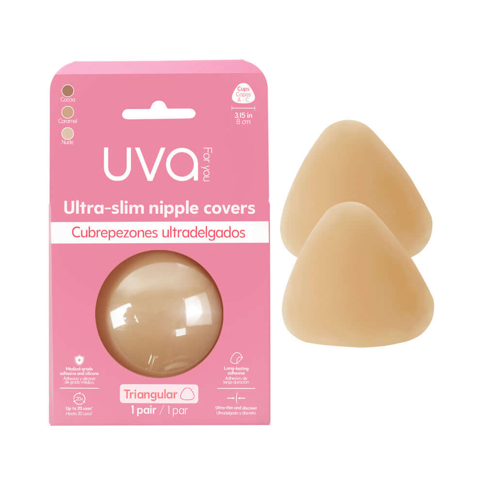 Uva Triangular Nipple Covers Caramel packaging with two triangular nipple covers for discreet coverage.