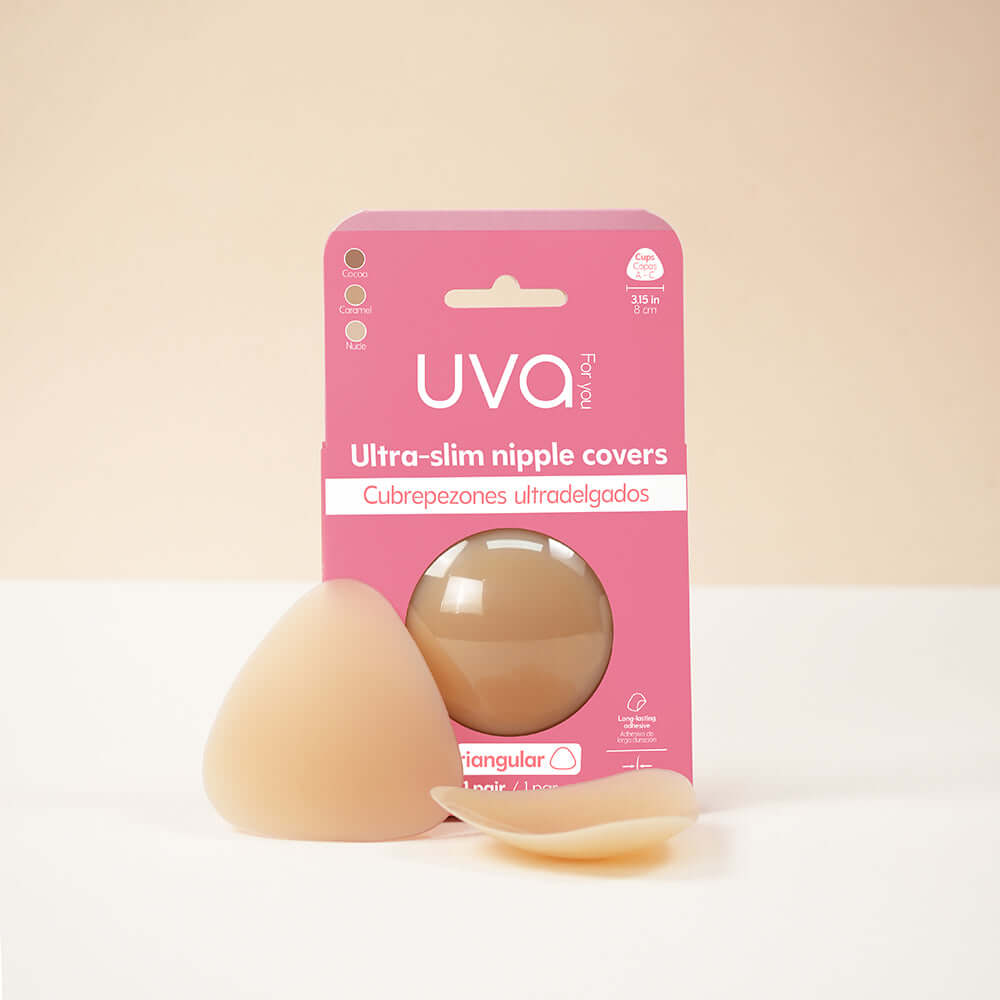 Uva Triangular Nipple Covers Caramel displayed in packaging with two nipple covers, ideal for seamless coverage.