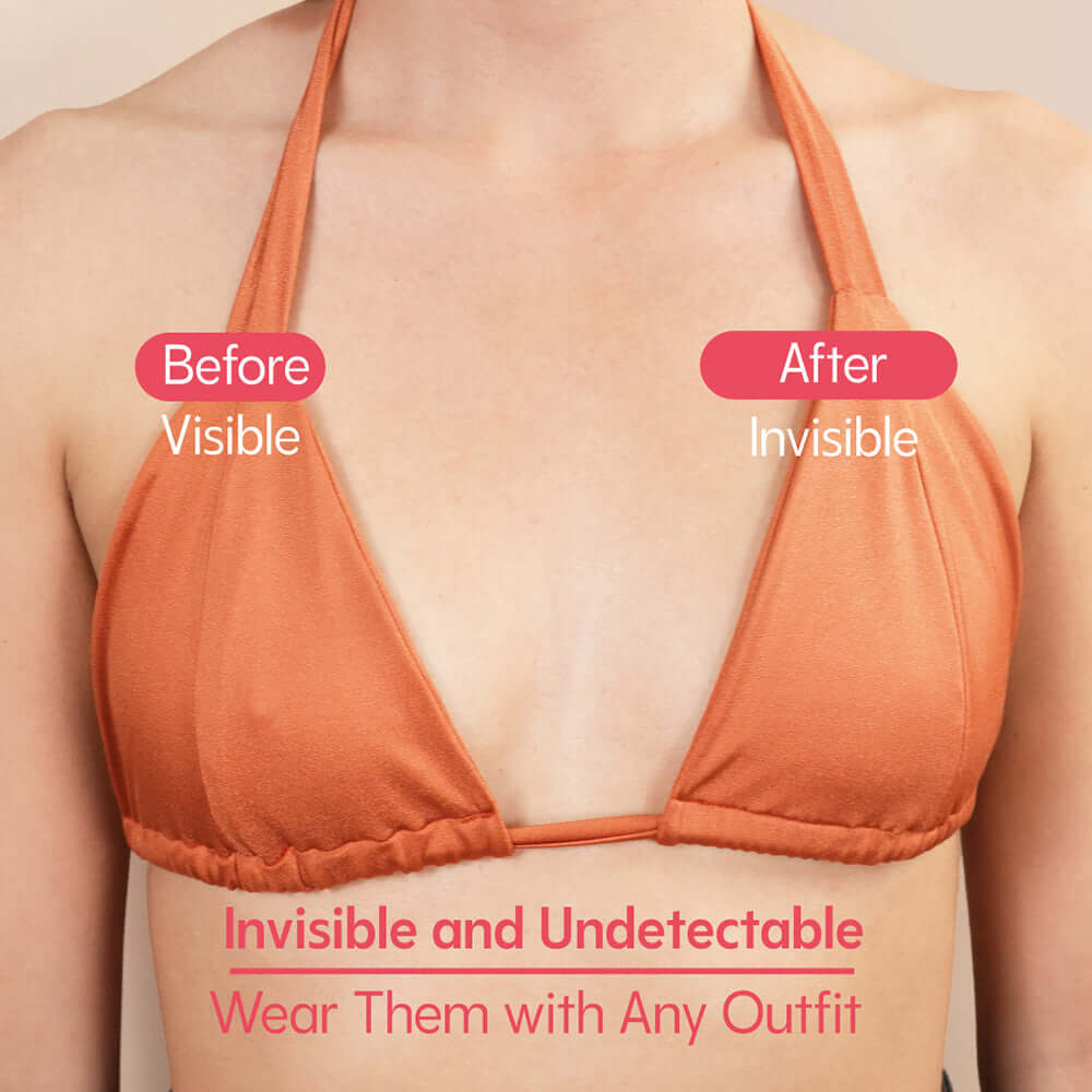 Uva Triangular Nipple Covers Caramel before and after transformation, showcasing invisibility under outfits.