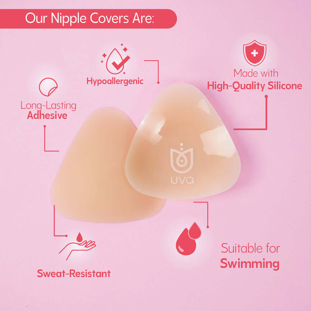 Uva Triangular Nipple Covers Caramel showing features like hypoallergenic, sweat-resistant, and made with high-quality silicone.