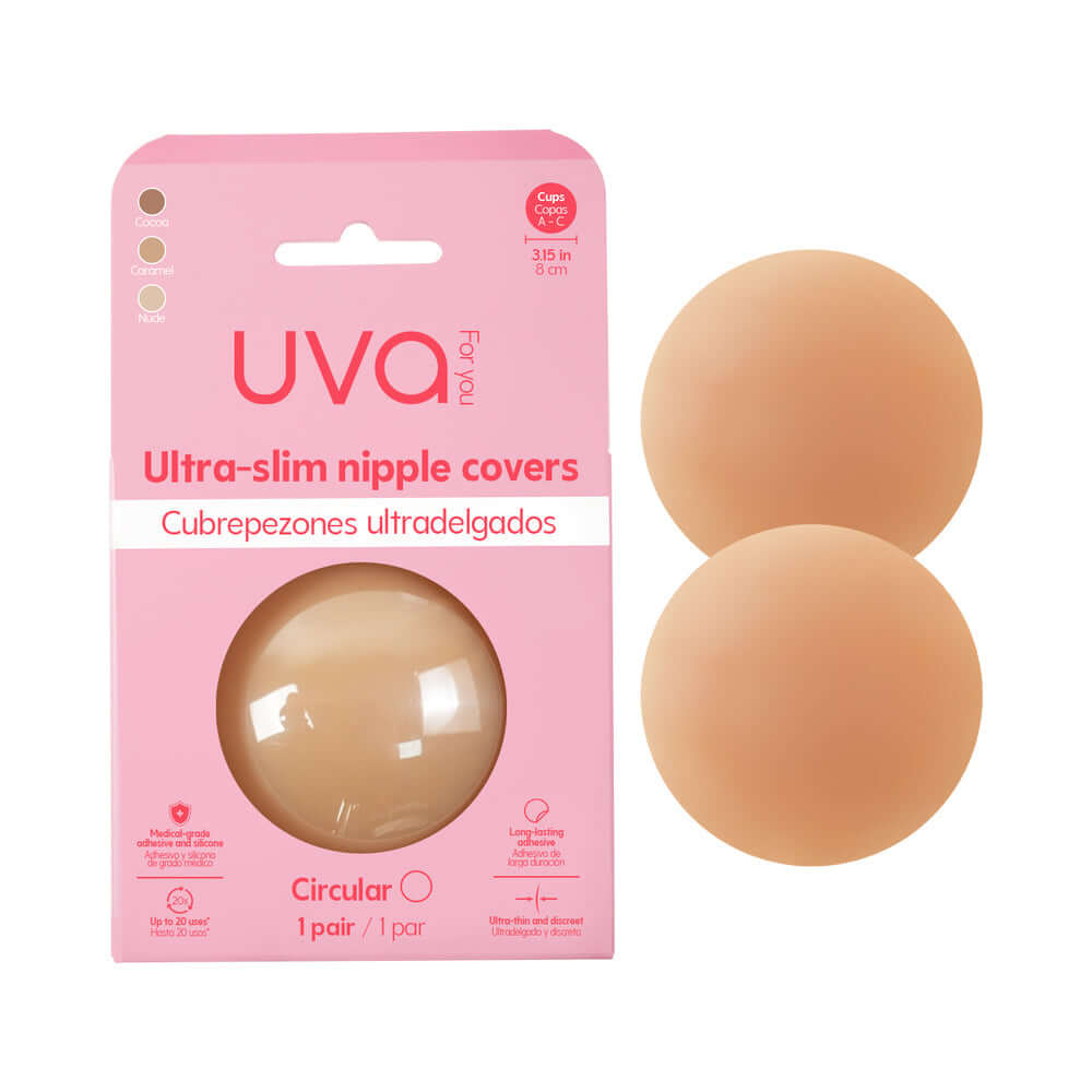 Uva Circular Nipple Covers Caramel packaging with two circular pasties in a warm caramel tone for seamless coverage.