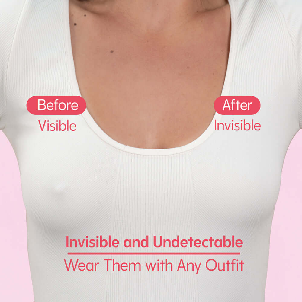 Uva Circular Nipple Covers Caramel displayed showing before and after results, highlighting invisibility and seamless coverage.