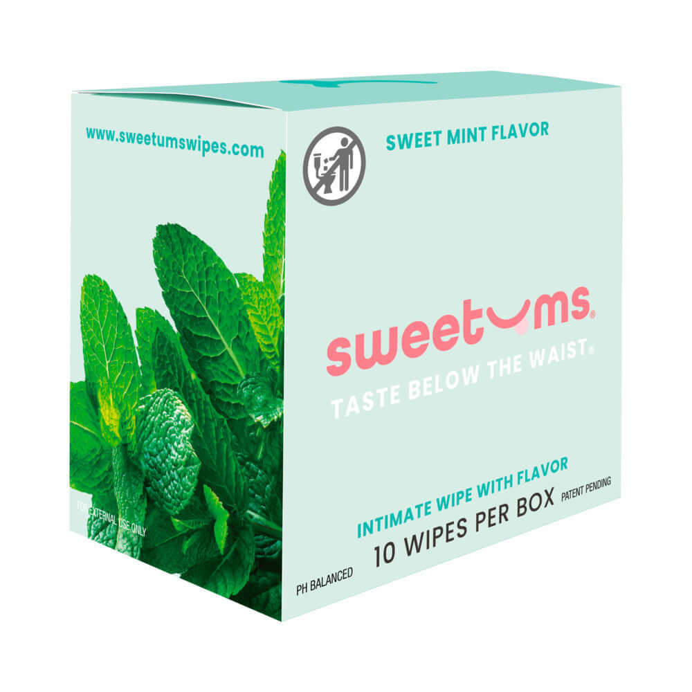 Sweetums Intimate Wipes Sweet Mint Flavor 10 Pack box with mint leaves design for refreshing personal hygiene.