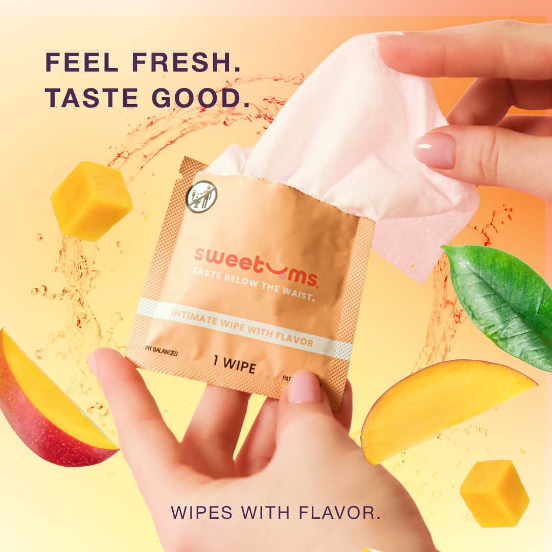Sweetums Intimate Wipes Sweet Mint Flavor 10 Pack packaging showing a wipe being pulled out.