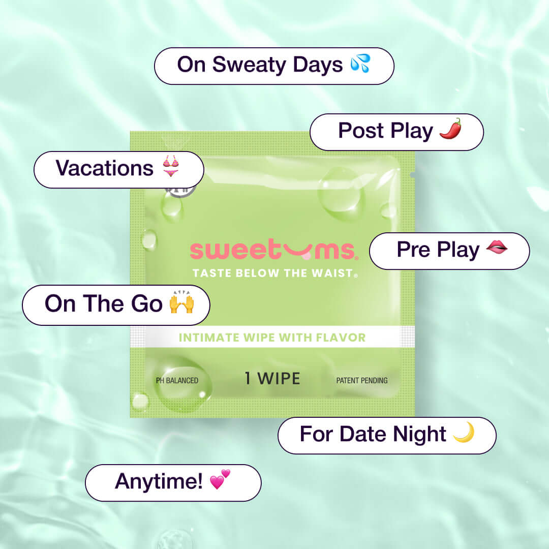 Sweetums Intimate Wipes Sweet Mint Flavor 10 Pack packaging with uses for various occasions.