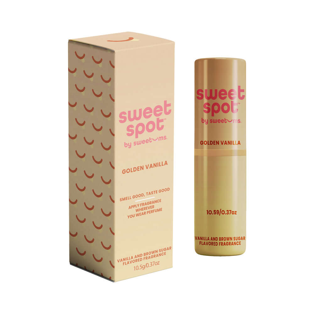 Sweetums Sweet Spot Flavored Fragrance Golden Vanilla product packaging and stick, showcasing creamy vanilla scent.