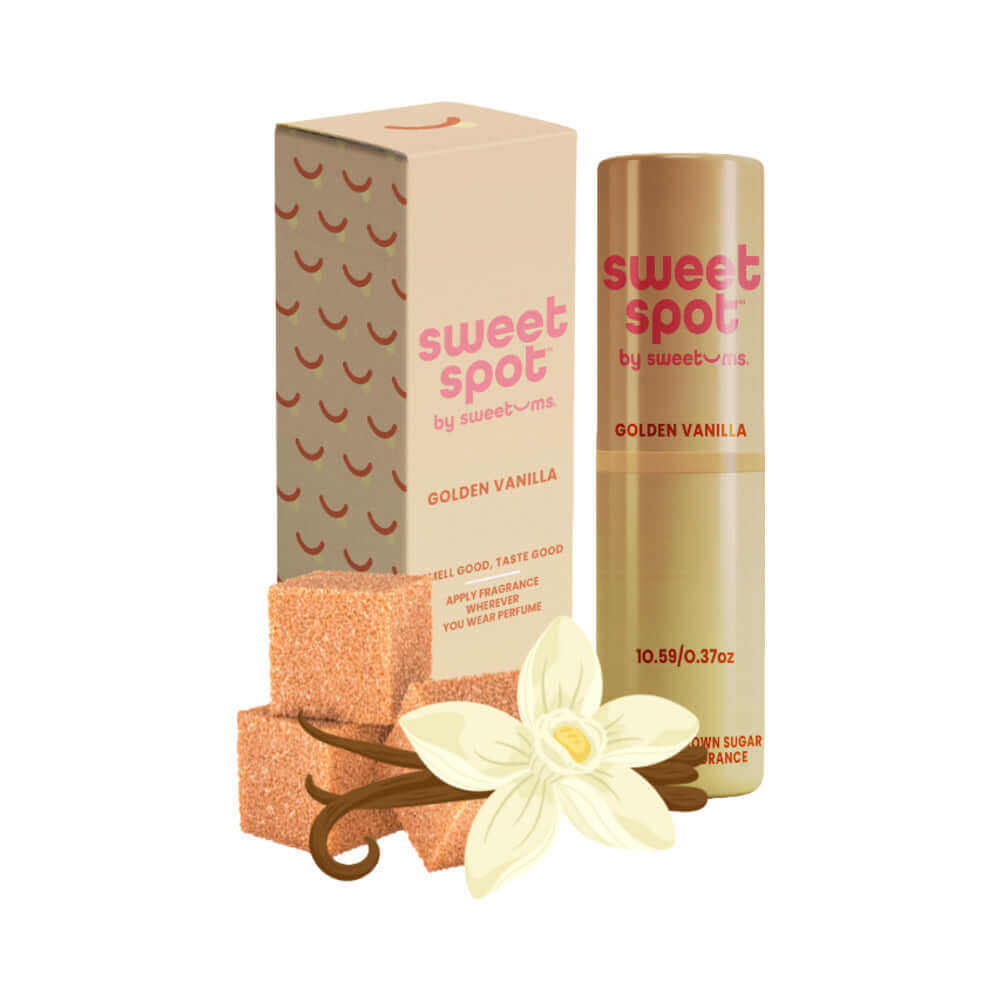 Sweetums Sweet Spot Flavored Fragrance Golden Vanilla in a stick with packaging and vanilla flower.