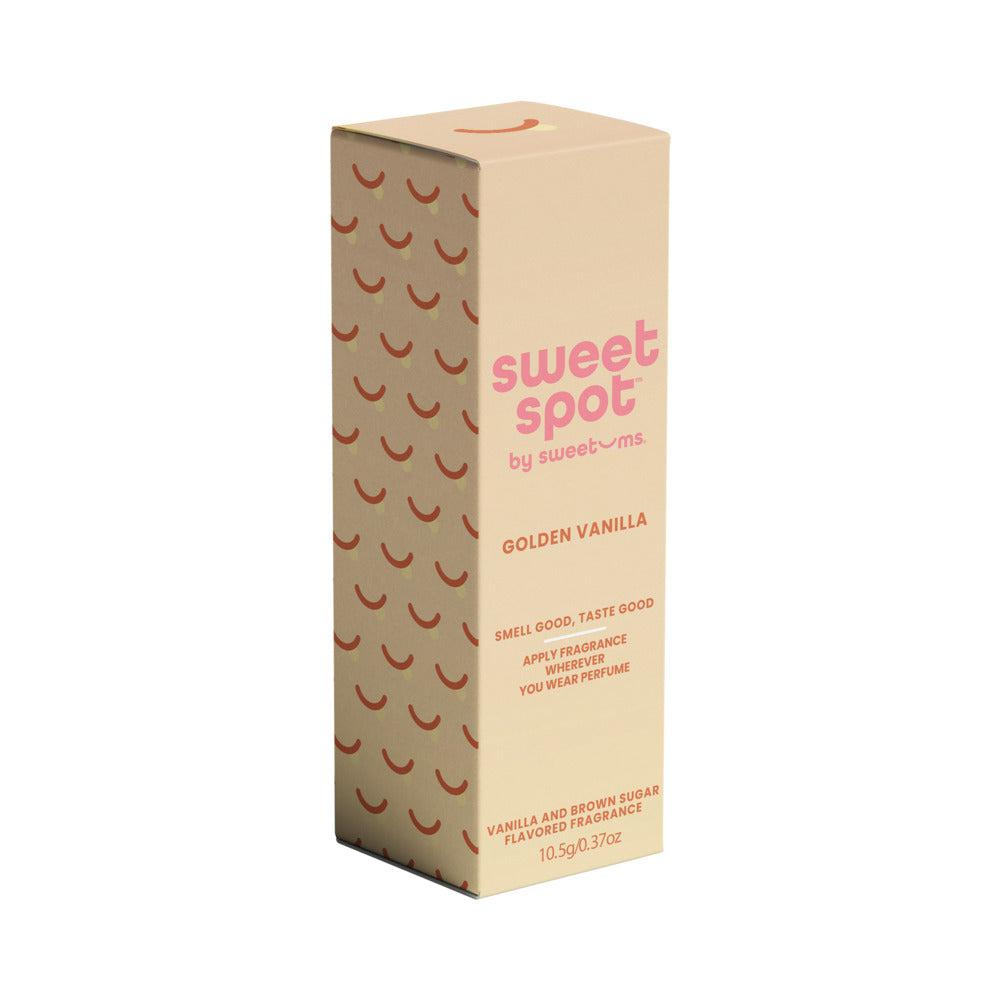 Sweetums Sweet Spot Flavored Fragrance Golden Vanilla packaging with branding and product details.