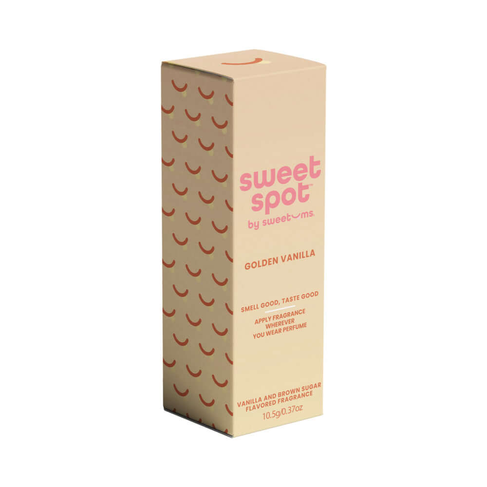 Sweetums Sweet Spot Flavored Fragrance Golden Vanilla packaging with branding and product details.