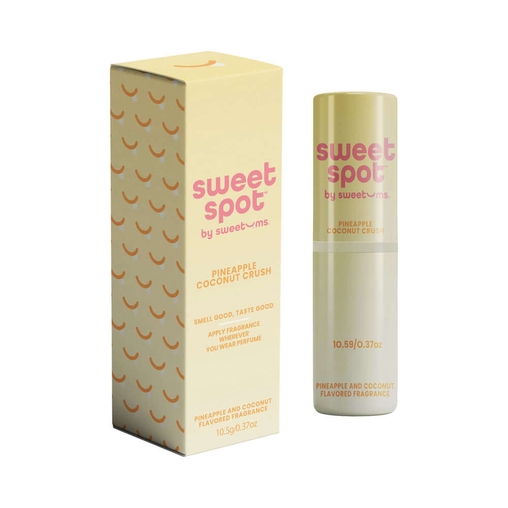 Sweetums Sweet Spot Fragrance Pineapple Coconut Crush packaging and solid stick showcasing tropical scent.