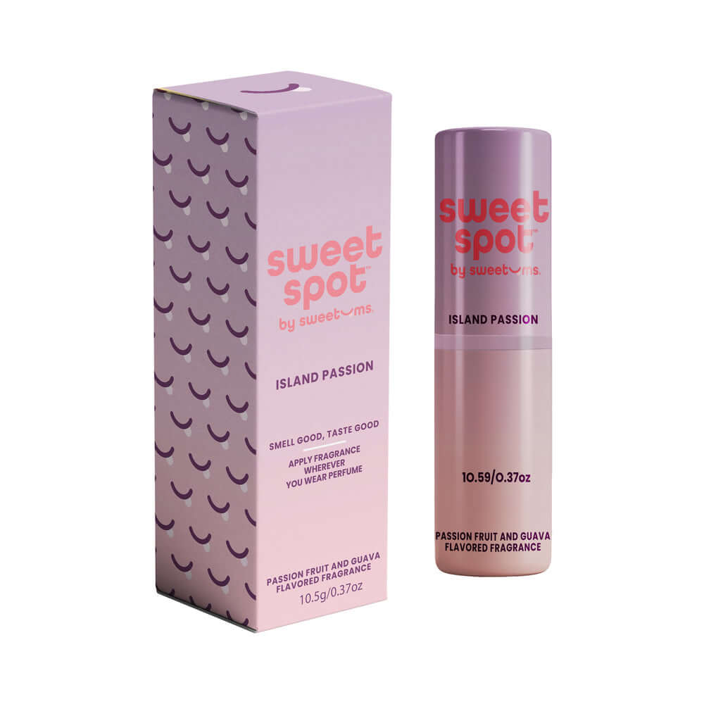 Sweetums Sweet Spot Flavored Fragrance Island Passion packaging and stick showcasing tropical aroma of passion fruit and guava.