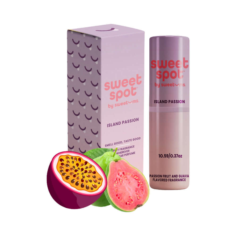 Sweetums Sweet Spot Flavored Fragrance Island Passion with passion fruit and guava on packaging.