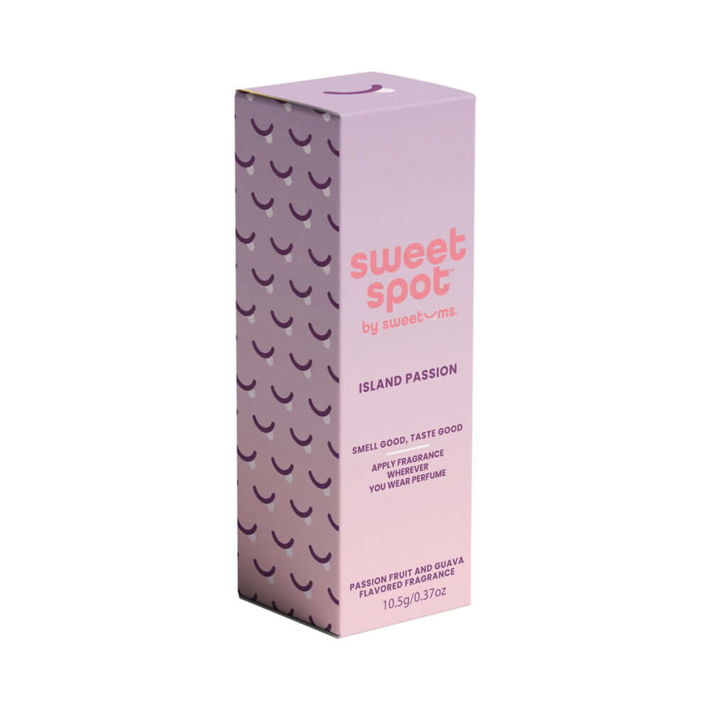 Sweetums Sweet Spot Flavored Fragrance Island Passion packaging featuring tropical scent description.