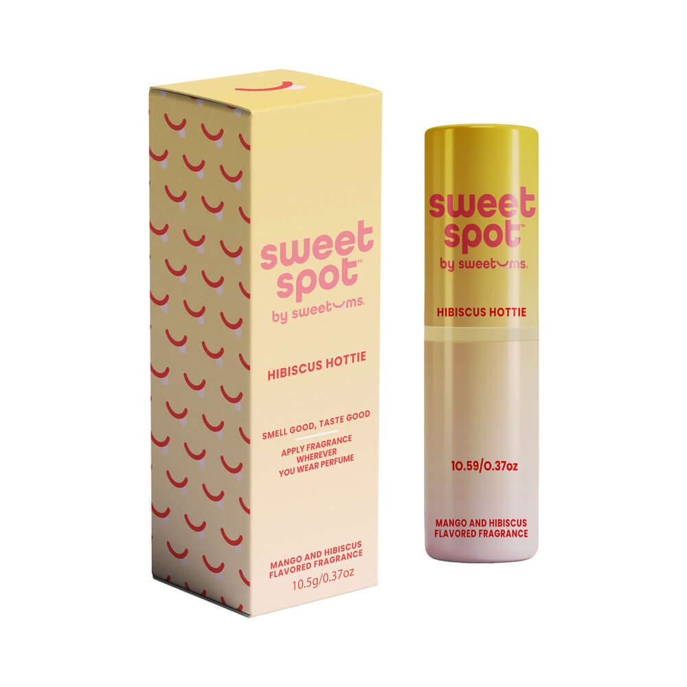Sweetums Sweet Spot Flavored Fragrance Hibiscus Hottie solid fragrance stick and box packaging.