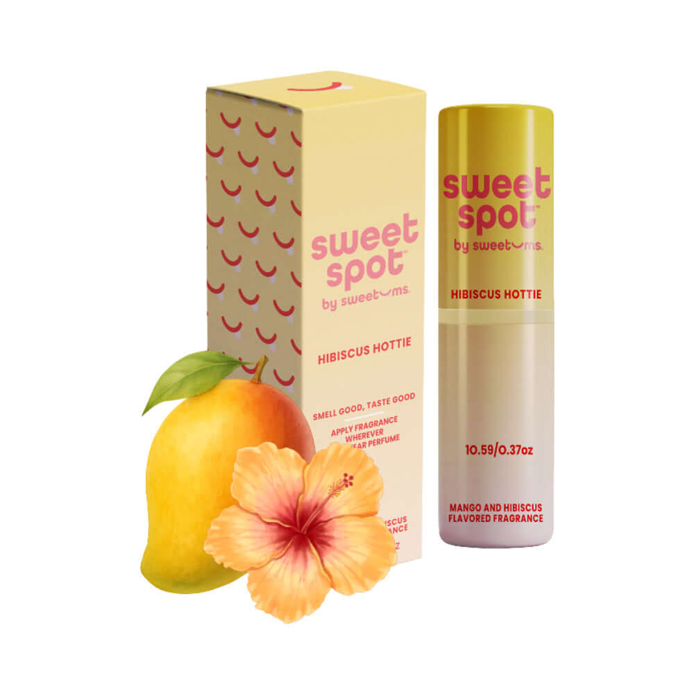 Sweetums Sweet Spot Flavored Fragrance Hibiscus Hottie with mango and hibiscus design in a tube package.