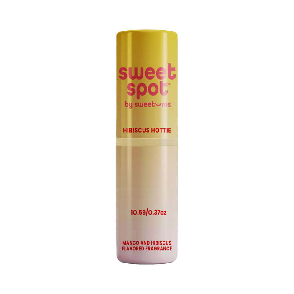 Sweetums Sweet Spot Flavored Fragrance Hibiscus Hottie solid fragrance stick with mango and hibiscus scent.