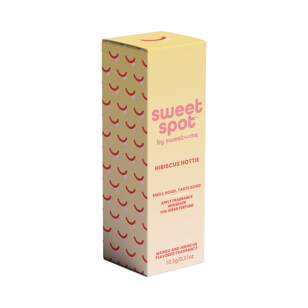 Sweetums Sweet Spot Flavored Fragrance Hibiscus Hottie packaging featuring mango and hibiscus flavors.