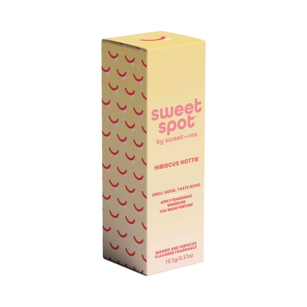 Sweetums Sweet Spot Flavored Fragrance Hibiscus Hottie packaging featuring mango and hibiscus flavors.