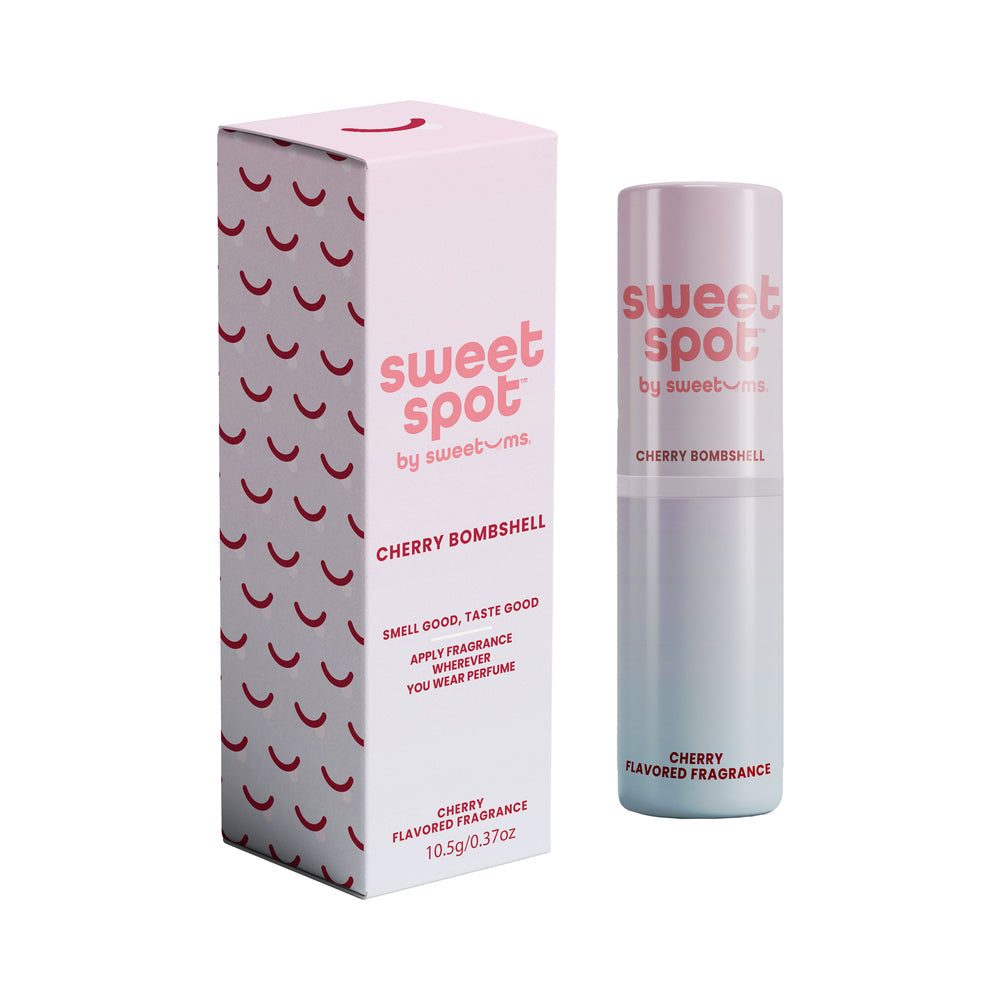Sweetums Sweet Spot Flavored Fragrance Cherry Bombshell packaging and stick, an edible solid fragrance combining cherry aroma.