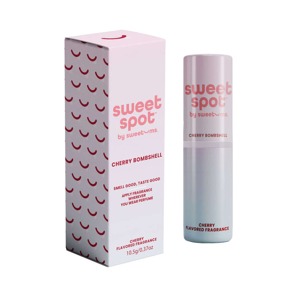 Sweetums Sweet Spot Flavored Fragrance Cherry Bombshell packaging and stick, an edible solid fragrance combining cherry aroma.