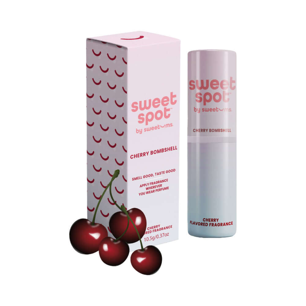Sweetums Sweet Spot Flavored Fragrance Cherry Bombshell with cherries and packaging.