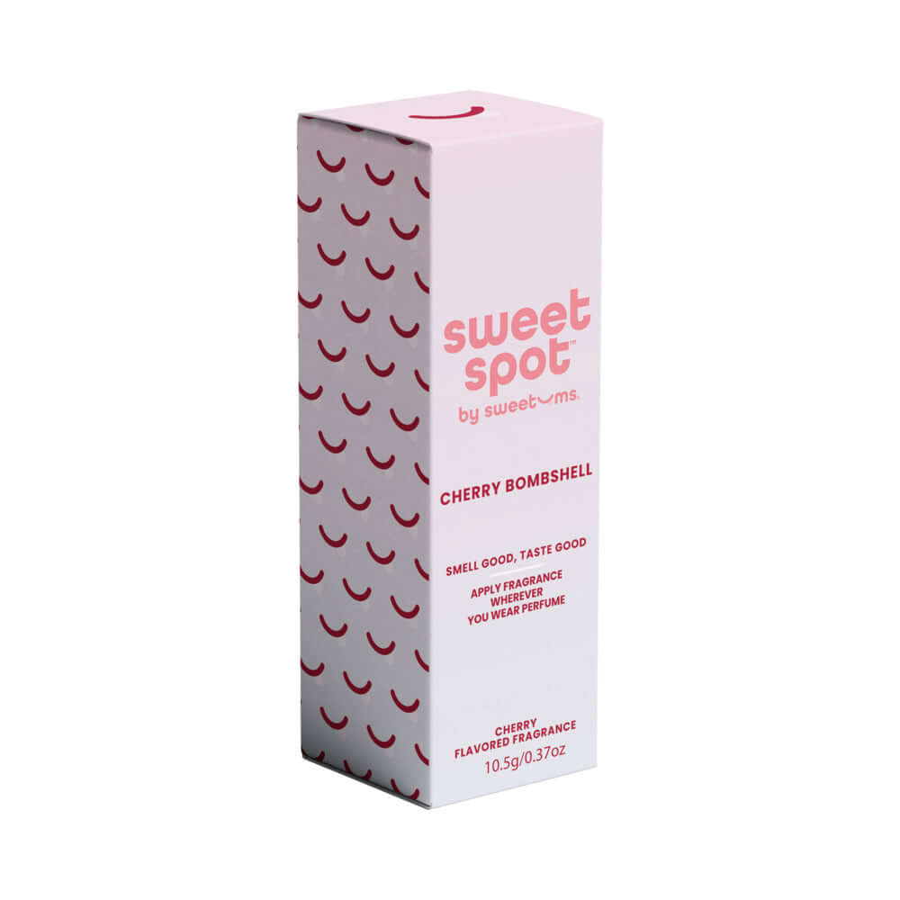 Sweetums Sweet Spot Flavored Fragrance Cherry Bombshell packaging showcasing playful cherry design and product details.