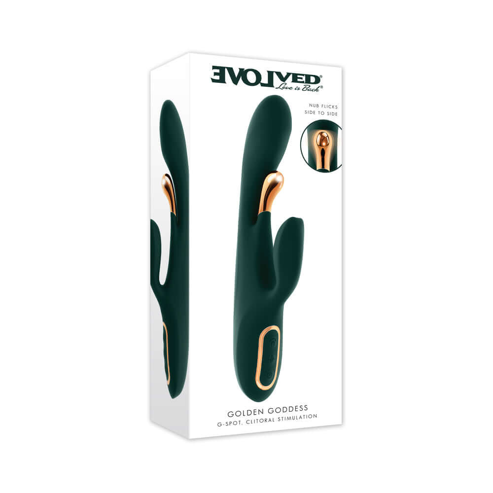 Evolved Golden Goddess G-spot Flicker Green vibrator in elegant packaging, designed for dual-action stimulation.