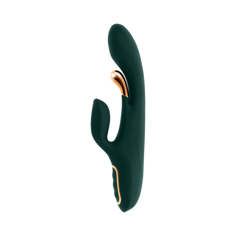 Evolved Golden Goddess G-spot Flicker Green vibrator featuring dual-action and ergonomic design.