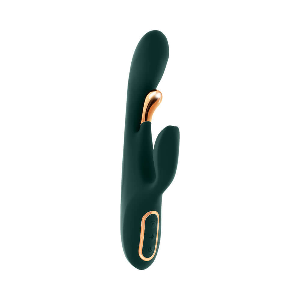 Evolved Golden Goddess G-spot Flicker Green dual-action vibrator in elegant ergonomic design.