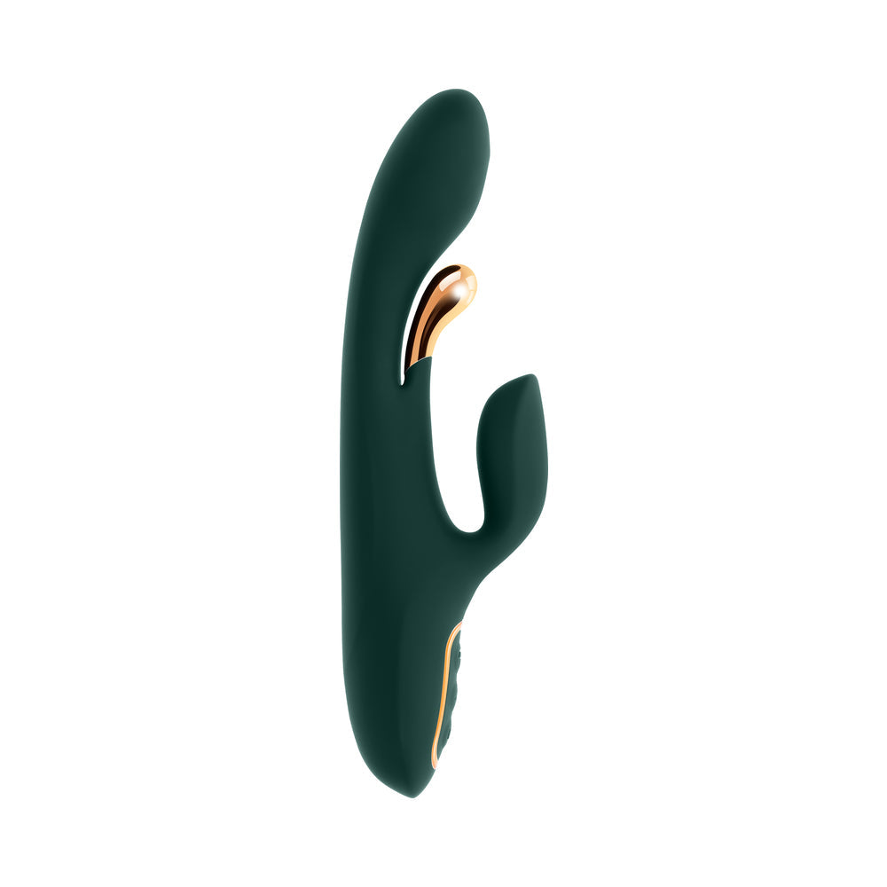 Evolved Golden Goddess G-spot Flicker Green vibrator, premium dual-action for internal and external stimulation.