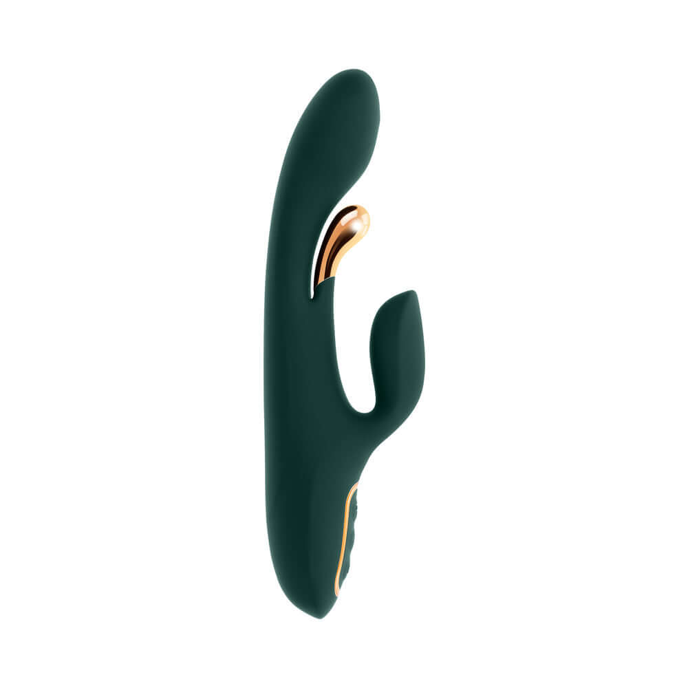 Evolved Golden Goddess G-spot Flicker Green vibrator, premium dual-action for internal and external stimulation.