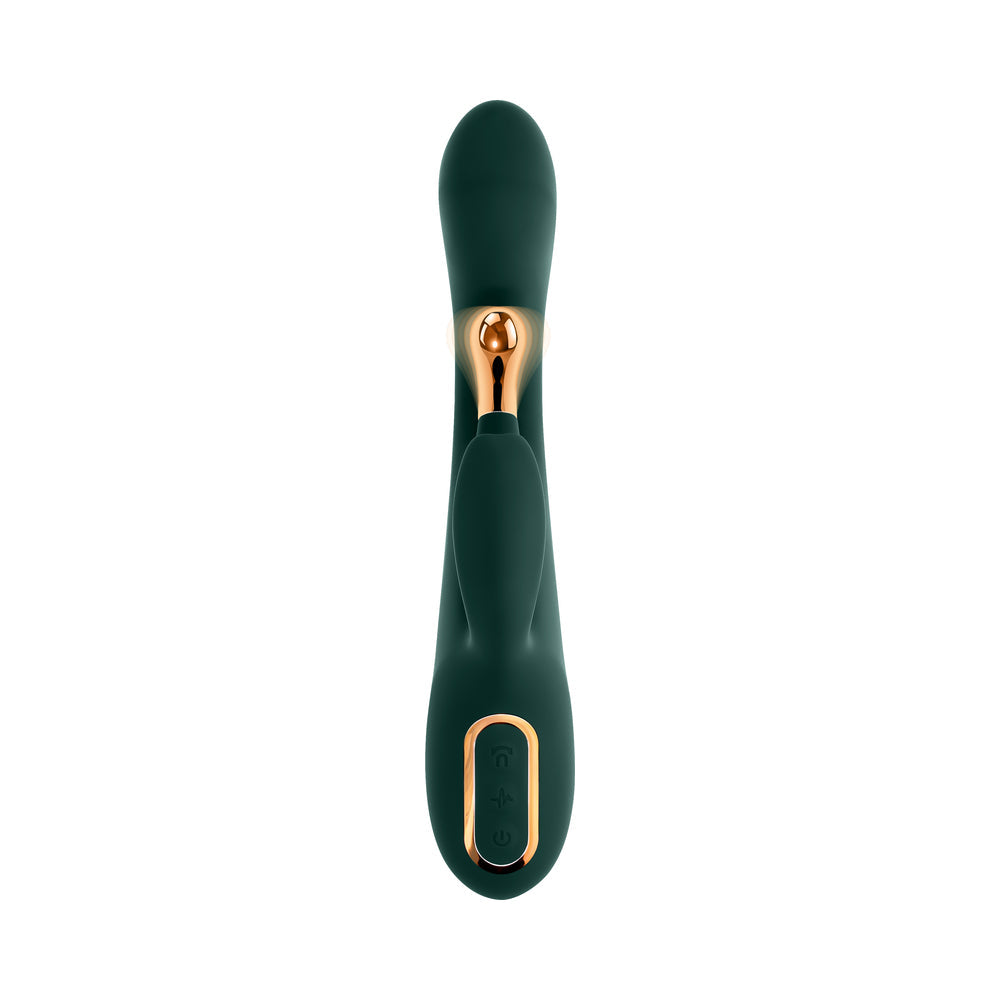 Evolved Golden Goddess G-spot Flicker Green vibrator featuring dual-action functionality and ergonomic design.