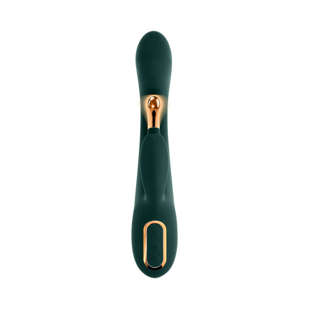 Evolved Golden Goddess G-spot Flicker Green vibrator featuring dual-action functionality and ergonomic design.