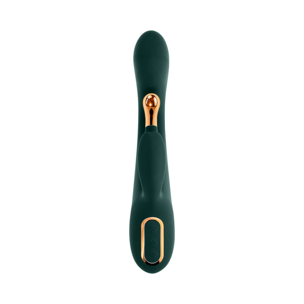 Evolved Golden Goddess G-spot Flicker Green vibrator with ergonomic design and dual stimulation features.