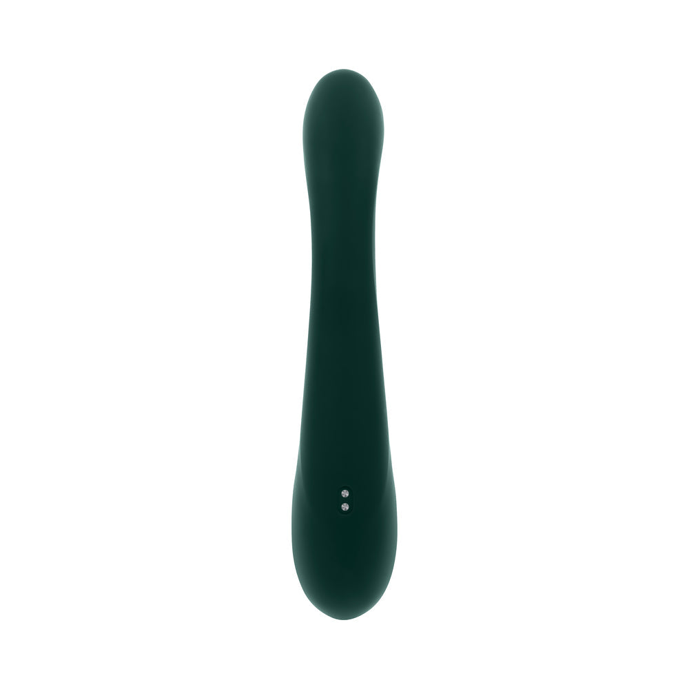 Evolved Golden Goddess G-spot Flicker Green ergonomic silicone dual-action vibrator for internal and external stimulation.