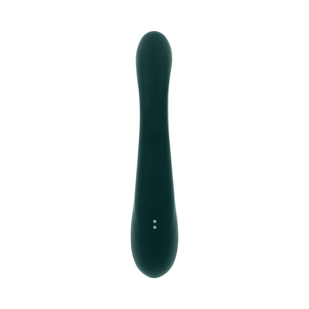 Evolved Golden Goddess G-spot Flicker Green ergonomic silicone dual-action vibrator for internal and external stimulation.