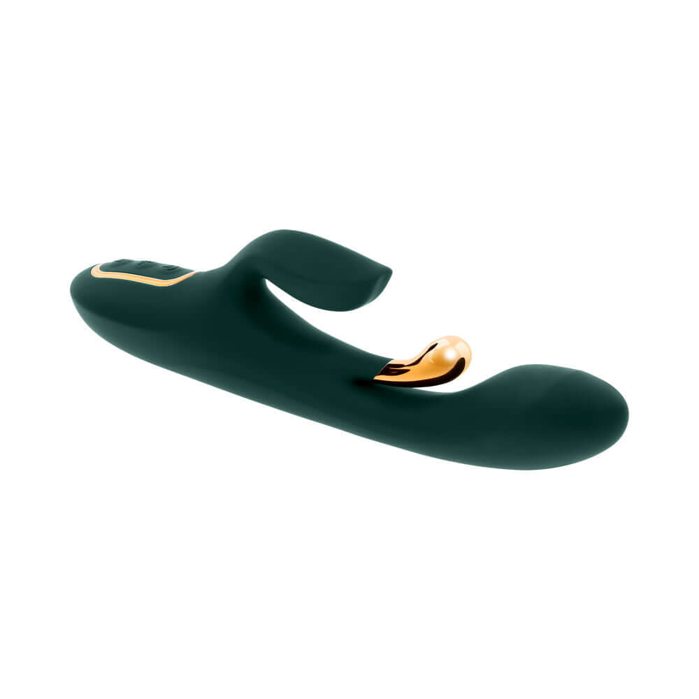 Evolved Golden Goddess G-spot Flicker Green premium dual-action vibrator providing internal and external stimulation.