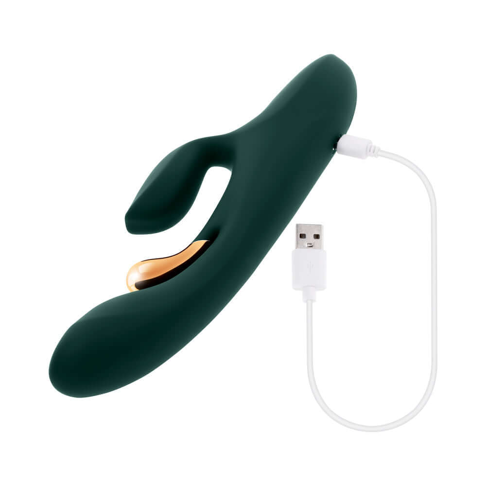 Evolved Golden Goddess G-spot Flicker Green vibrator with USB charging in elegant design.