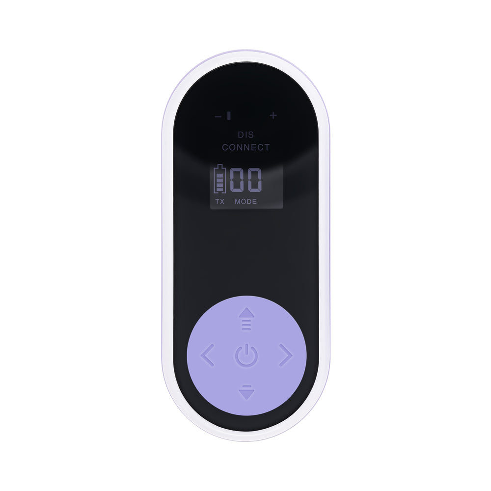 Evolved Energetic Egg Thrusting Vibrating Egg Purple remote control with digital display and buttons.