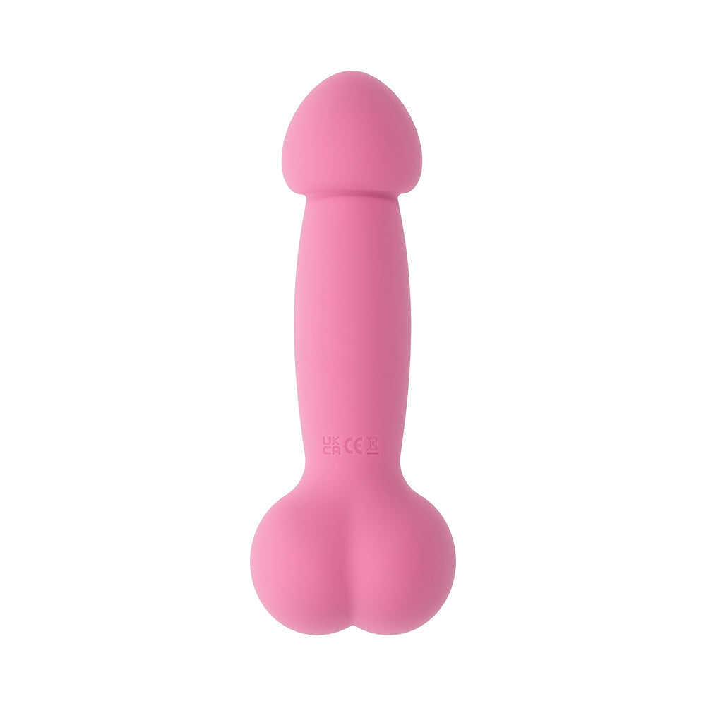 Selopa A Bit Nutty Floppy Phallic Mini Vibrator Pink shown from the side, detailing its phallic shape and soft texture.
