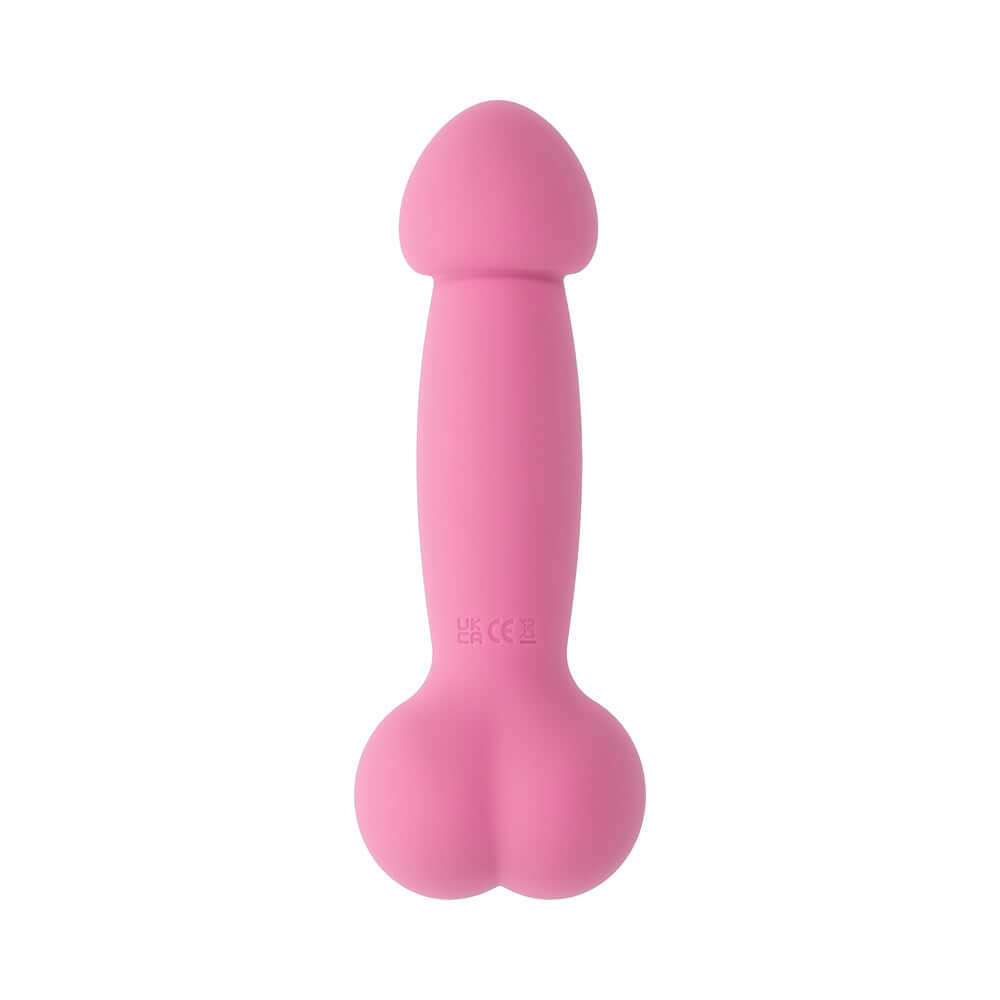 Selopa A Bit Nutty Floppy Phallic Mini Vibrator Pink shown from the side, detailing its phallic shape and soft texture.