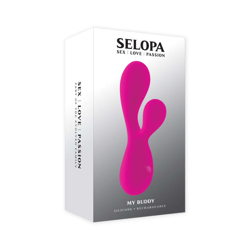 Selopa My Buddy Floppy Mini Dual Vibrator Pink packaging featuring a petite dual-stimulation design.