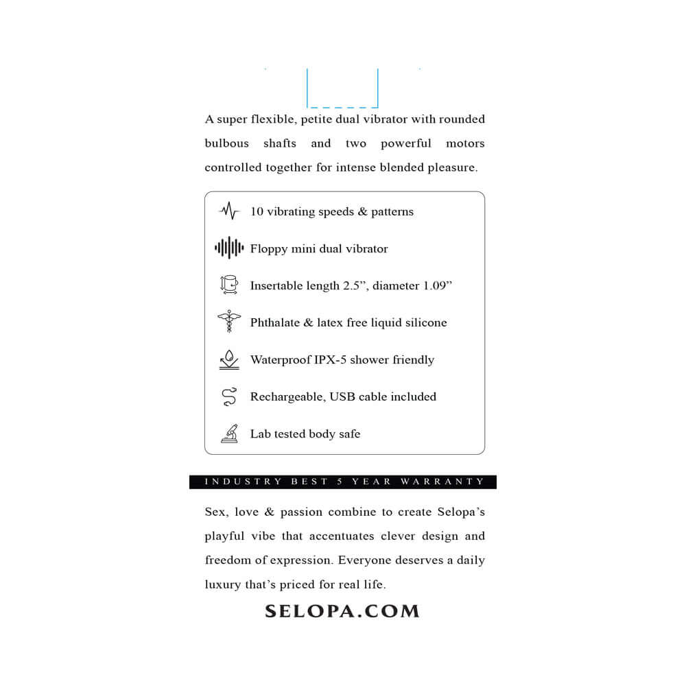 Selopa My Buddy Floppy Mini Dual Vibrator Pink features 10 vibrating speeds and waterproof design for ultimate pleasure.