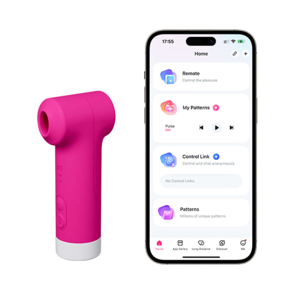 Lovense Fizz Oral-Like Suction & Tapping Massager next to a smartphone app interface displaying control options.
