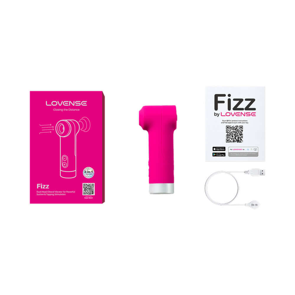 Lovense Fizz Oral-Like Suction & Tapping Massager with pink design, packaging, and accessories.
