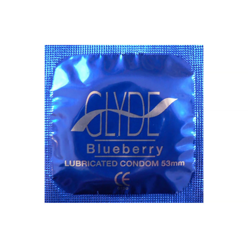 Glyde Ultrathin Latex Condom Blueberry Flavored 12-count packaging with blueberry flavor and lubricated design.